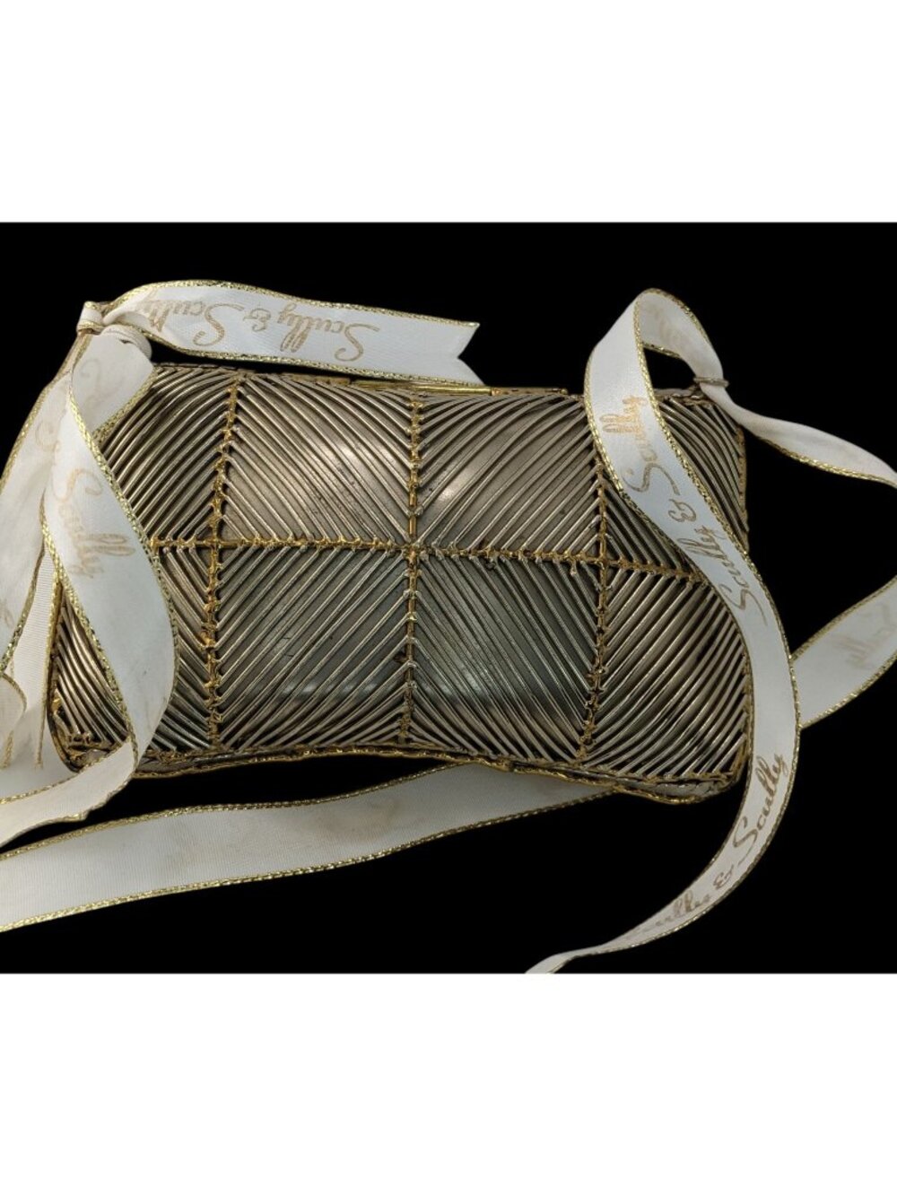 Vintage Exart 70s Silver & Gold Soldered Metal Box Clutch With Dust Bag